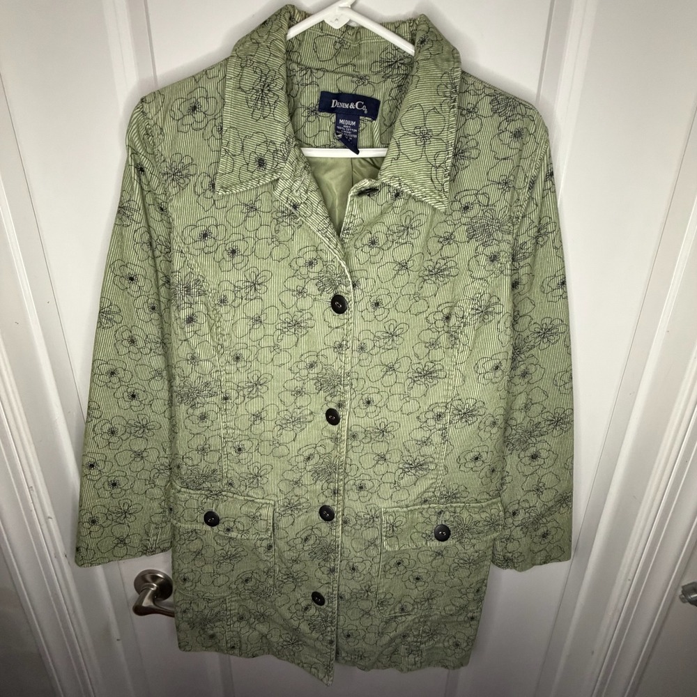 Denim & Co Sage Green Floral Corduroy Jacket Womens Medium Button Front Lined
